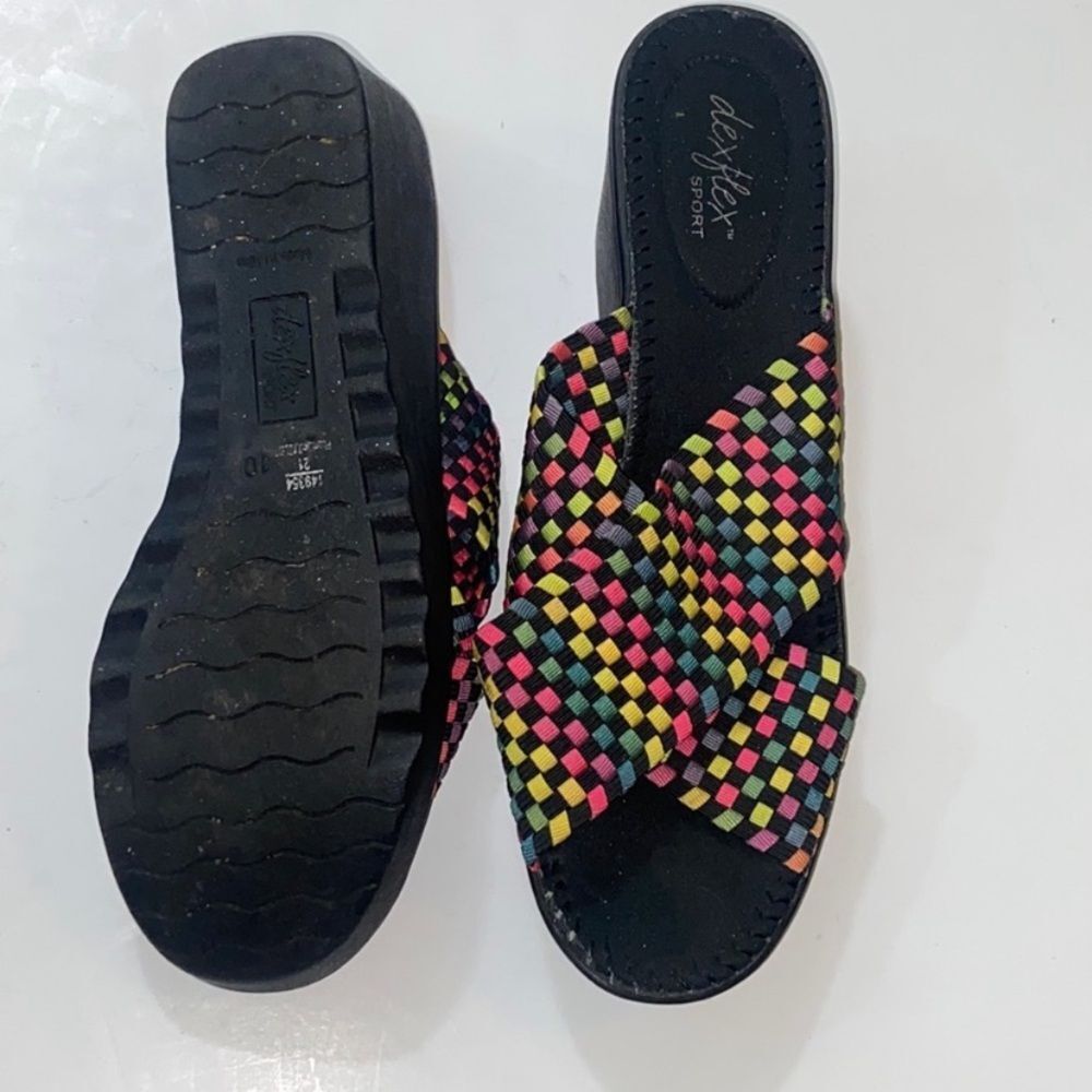 Y2K Dexflex Sports Rainbow Check Stretch Chunky Women's Multicolor Wedge Sandals - Picture 6 of 10